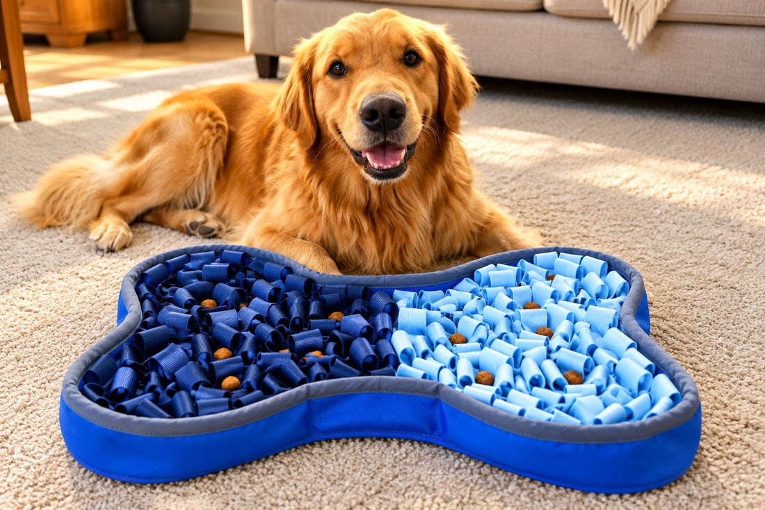 Normie, a golden retriever service dog, looking up happily from his PuzzlePup SmartMat